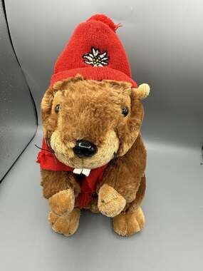 Sto Souvenir Germany Beaver Plush 12" Red Hat Scarf Edelweiss Stuffed Animal
